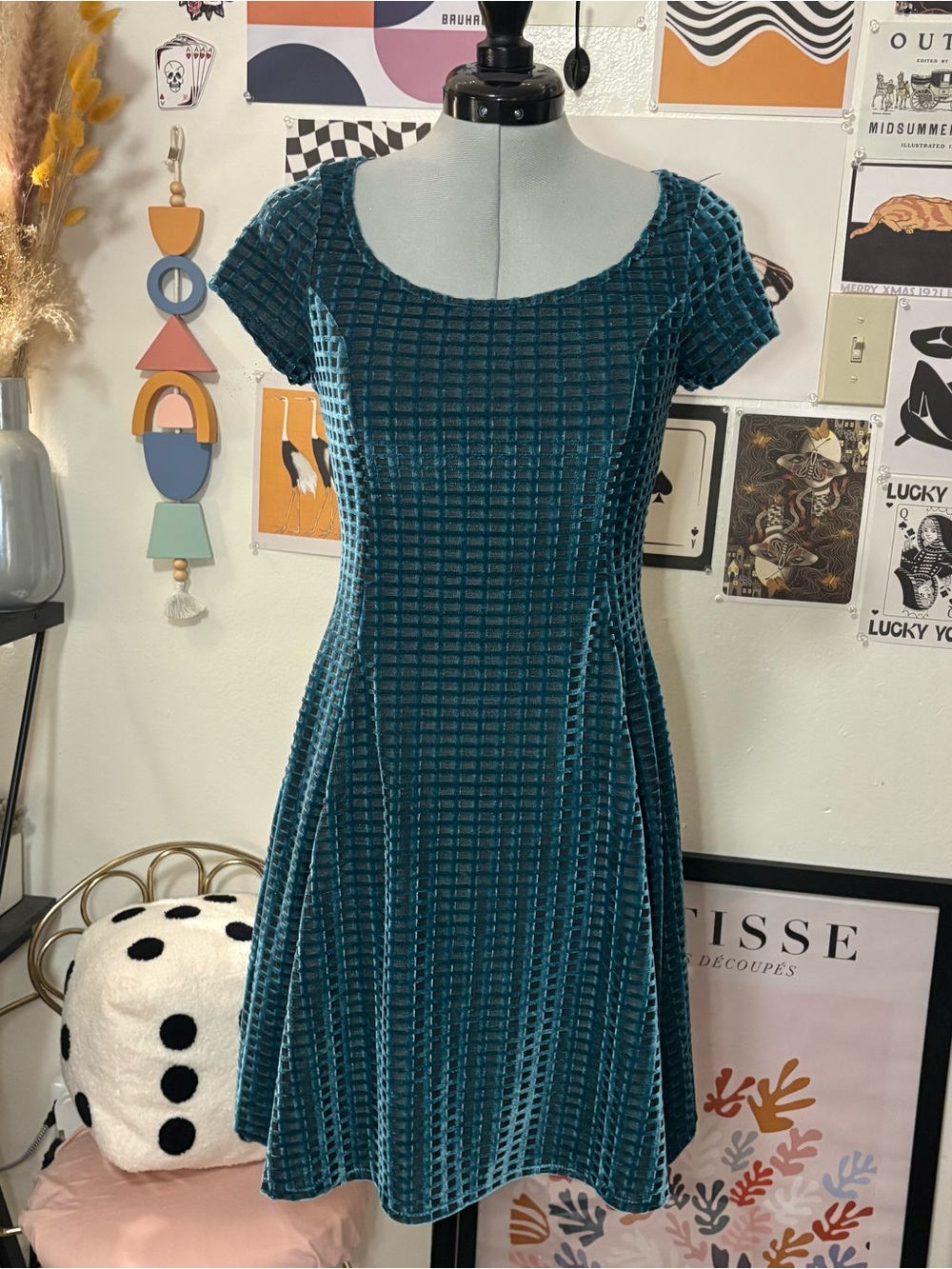 Fervour Teal Velvet Burnout Fit & Flare Skater Dress Size Small